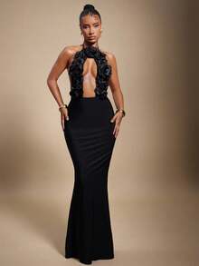 Hauture 女士3D花朵性感露背吊带裙，适合派对穿着 - 黑色 - 查看 2