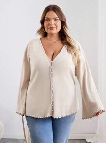 SHEIN CURVE+ Curve Plus Size/Roupas de Outono/Roupas Femininas de Outono/Roupas de Inverno para Mulheres/Roupas de Inverno Plus Size Botão de Pérola Decote em V Profundo Mangas Compridas Cardigan de Malha, Traje de Negócios Plus Size Suéter 8xl Roupas Femininas 6xl Roupas Femininas Plus 5xl Plus Size Cardigan Plus Size Roupas de Outono para Mulheres, Inverno, CURVE PLUS - Damasco - Ver 5