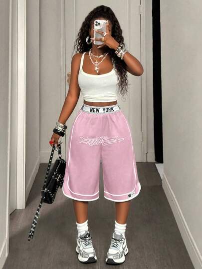 BamGleam Women's Letter Print Waistband Wide Leg Loose Casual Capri Sports Sweatpants