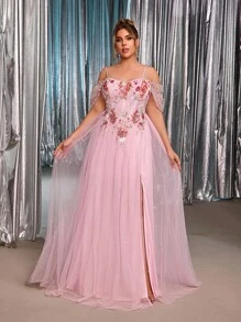 Glamrae 大码夏季优雅浪漫奢华粉色网眼缀饰露肩泡泡袖网眼裙，适合晚会、单身派对、约会、度假、舞会、婚礼、正式场合（重刺绣） - 粉色 - 查看 6