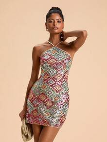 Travachic Váy ngắn đính sequin phối màu thời trang nữ cho kỳ nghỉ, trang phục mùa thu cho nữ, phong cách Bohemia, trang phục mùa thu cho nữ, thời trang mùa thu mới cho nữ, váy mùa thu cho nữ - Nhiều màu - Xem 4