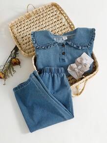 SHEIN 女童休闲简约翻领荷叶边长袖上衣和裤子套装，秋冬装 - 藍色 - 查看 1