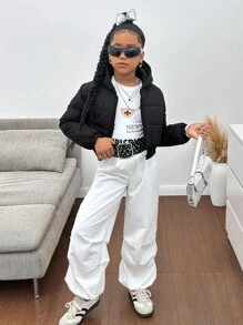 SHEIN 青少年女孩黑色短款连帽绗缝休闲街头时尚厚夹克夹棉外套，秋冬 - 黑色 - 查看 5