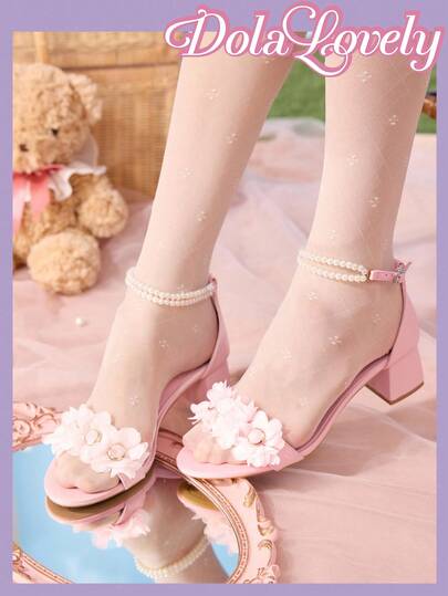 Dola Lovely Women's Floral Pearl Chain Decor Leather Platform Sandals, Cute Style, Pink Leather Mid-Heel Sandals, Spring