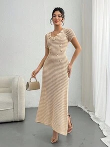 DAZY 3D Floral V-Neck Hollow Out Short Sleeve Dress, Unique Design Women Coverup - Khaki - View 4