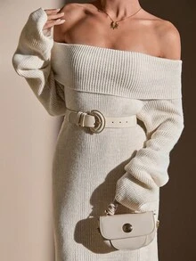 CLARA VERO Langes Pulloverkleid mit Schulterausschnitt und Rippstrick - Oversized Longline Pullover in Beige - Aprikosenfarben - Übersicht 6