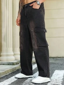 Manfinity Roughcore Men's Plus Size  American Streetwear Loose Fit Cargo Jeans With Stylish Design Black Cargo Jeans - Black - View 7