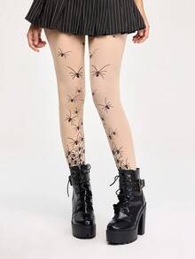 ROMWE Grunge Punk 1 Pair Gothic Style Spider Web Tights, Suitable For Pairing With Dresses - Khaki - View 5