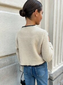 Firerie Kids Firerie Kids 青少年女孩纯色拼布撞色饰边系带长袖休闲羊毛夹克，女孩撞色蝴蝶结装饰长袖夹克 - 卡其色 - 查看 2