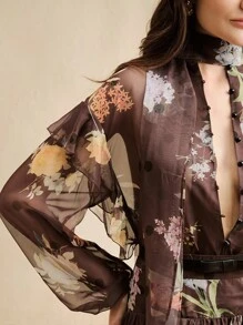 Anewsta Women's Floral Print Mesh Drop Shoulder Ruffle Trim Loose Fashion Blouse - Brown - View 7
