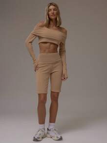 MUSERA 罗纹修身七分紧身裤，休闲、机场、居家、返校、秋季、冬季、圣诞节、感恩节皆宜 - 咖啡棕 - 查看 5