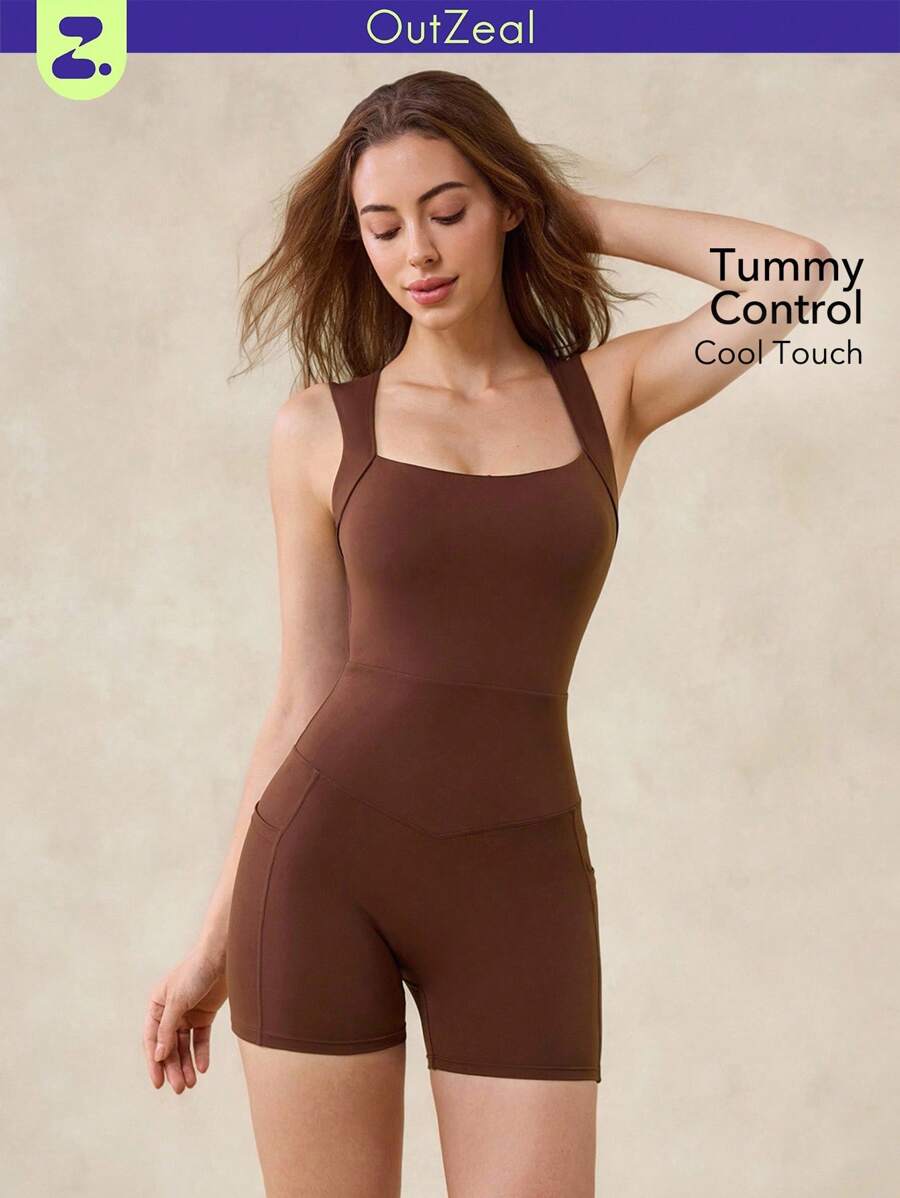 OutZeal Cool Touch Soft Full Underarm Square Neck Jumpsuit Removable Cups Low Impact Cycling Pilates Gym - Coffee Brown - View 1