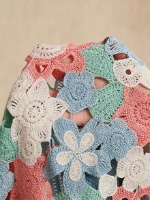 Anewsta Plus Size Hollow Crochet Asymmetrical Floral Knit Sweater - Blue - View 8