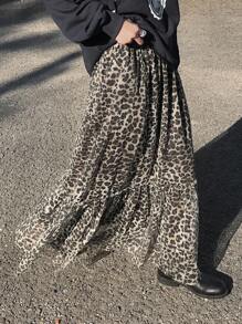 FRIFUL Women's Elastic Waist Sheer Leopard Print Pleated Hem Casual Versatile Skirt, Autumn - Brown - View 4