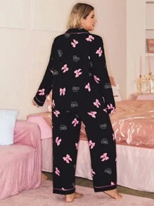 SHEIN Cute Bow Print Contrast Color Lapel Long Sleeve Top & Pants Plus Size Loungewear Set, Fall Winter Clothes, Cozy Outfits, Christmas - Multicolor - View 2
