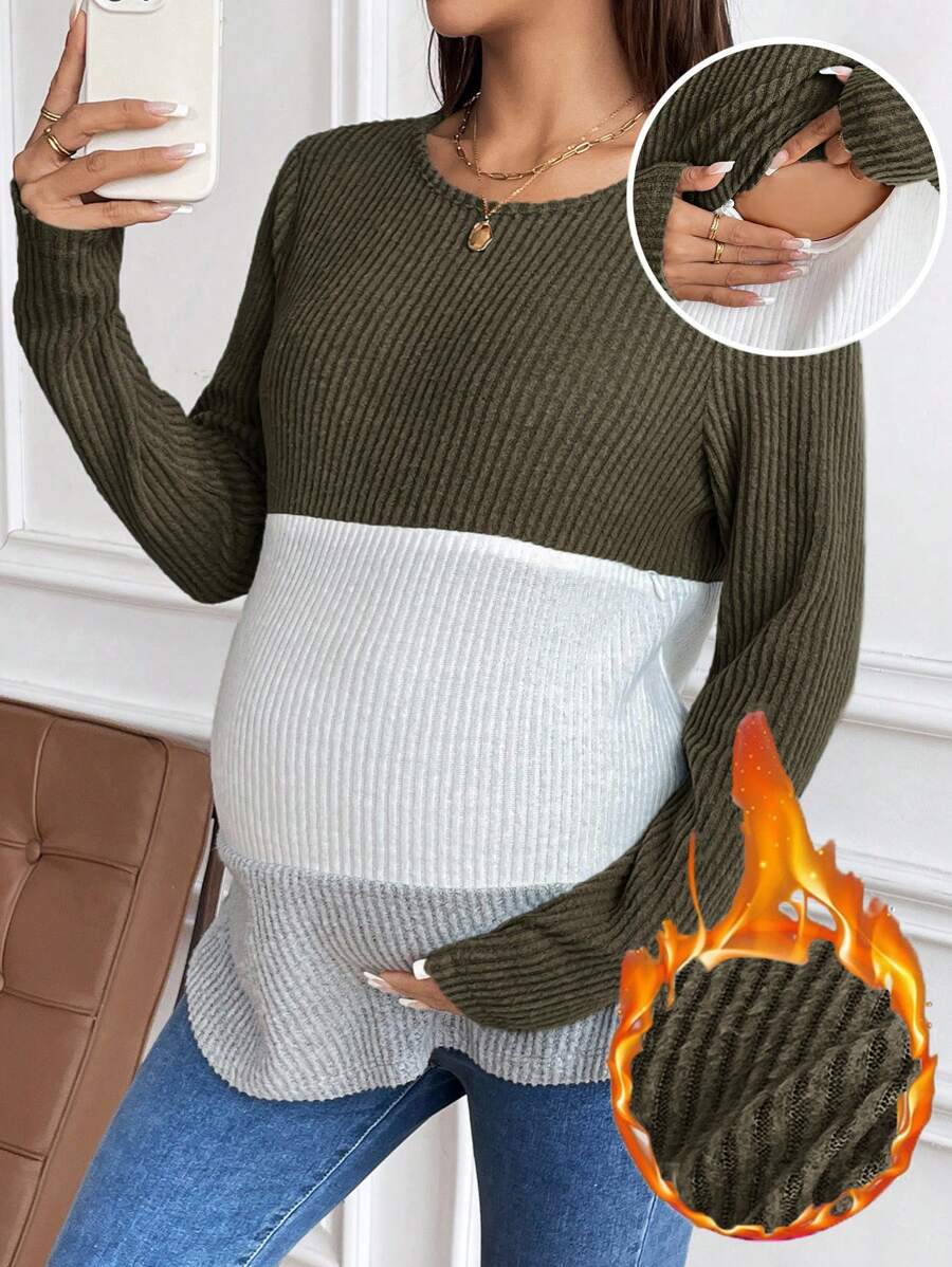 SHEIN 长袖孕妇哺乳T恤，适合日常休闲穿着 - 軍綠色 - 查看 1