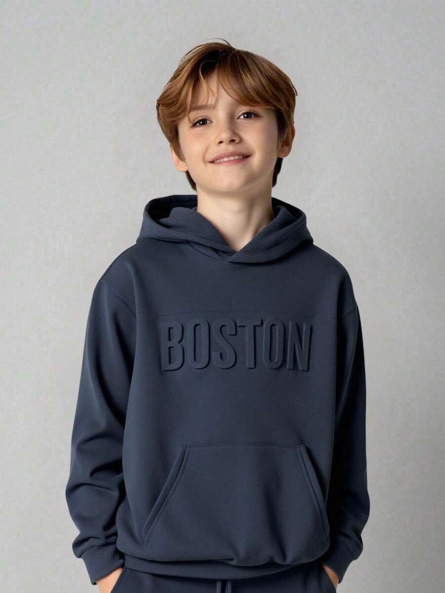 SHEIN Tween Boy Casual Hoodie Sweatshirt With Oversized Letter & Graphic Print, Loose Fit, Suitable For Spring, Summer, Autumn, Winter Outdoor, School, Street, Party And Home Leisure, Boys Hoodie, Teen Hoodie, Navy Blue Hoodie Fall