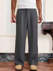 SWAVVY Men's Casual Solid Color Decorative Chino Pants - Dark Grey - View 3