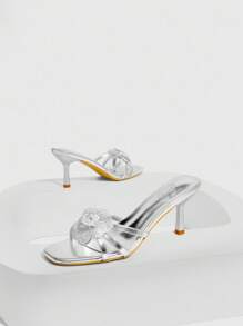 CUCCOO SZL Women's Silver Metallic PU Camellia Flower Rhinestone Embellished Elegant Sexy French Style Pointed Toe High Heel Sandals - Silver - View 8