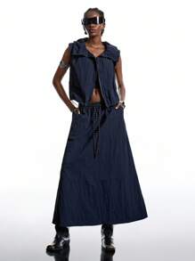 LYSMO 2025新款秋季简约主义女款纯色简约休闲工装裙，适合返校季、返校节、2000年代风格、Y2K女性、外出街头服饰、毕业旅行等场合 - 藏蓝色 - 查看 4