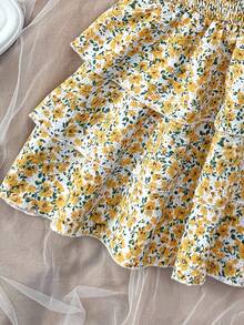 SHEIN Kids Teen Girl Vacation Spring/Summer Carnival Beach Cruise Resort Knit Twist Front Square Neck Fitted Crop Top, Loose A-Line Layered Hem Skirt Set, Suitable For Dates, Beach Vacation Summer Skirt Teen Spring Summer Outfit Summer Outfits For Women Brunch Outfits For Teens - Yellow - View 8