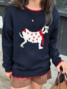 女童圆领小狗图案毛衣，青少年女孩秋季服装 - 寶藍色 - 查看 1