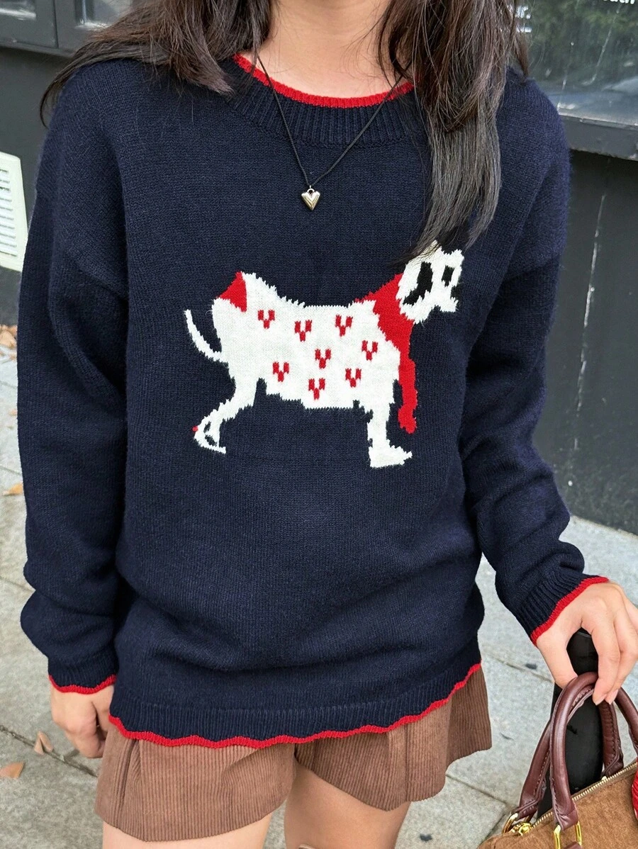 女童圆领小狗图案毛衣，青少年女孩秋季服装 - 寶藍色 - 查看 1
