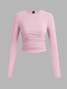 SHEIN EZwear 3 件套女士休闲纯色圆领褶皱长袖 T 恤，黑色、白色、粉色，秋冬 - 彩色 - 查看 3