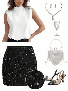 Ellevyn Sexy Glitter Solid Color Bodycon Skirt For Party