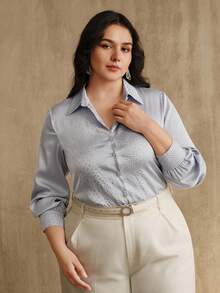 Anewsta Plus Size Women's Solid Color Rhinestone Embellished Collar Commuter Shirt - Blue - View 4