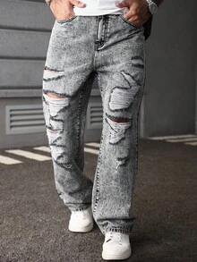 Manfinity LEGND Plus Size Men's Gray Washed Mature Street Style Personalized Ripped Design Straight Jeans - Grey - View 5