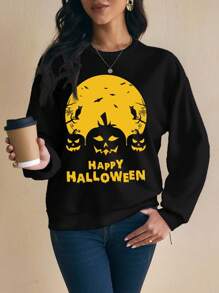 Shutterstock Glamance 女士休闲宽松百搭长袖圆领运动衫万圣节运动衫万圣节快乐运动衫万圣节衬衫秋季运动衫女士万圣节运动衫可爱万圣节运动衫女士图案运动衫基本款上衣 - 黑色 - 查看 3