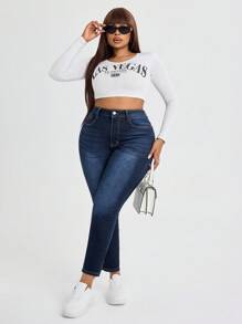 SHEIN SXY Plus High Waist Skinny Jeans - Dark Wash - View 6