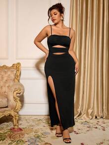 Cravure Váy dài vừa phải màu trơn cỡ lớn dành cho nữ, váy liền thân, khoét lỗ, tối giản, thời trang, phù hợp cho mùa hè - màu đen - Xem 3