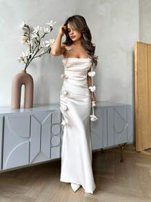 Jemour 女士花朵细肩带露背连衣裙鸡尾酒会婚礼晚礼服 - 香檳色 - 查看 1