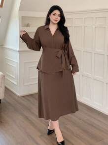 Dazy Plus 2pcs/Set Solid Color Tie-Waist Loose Long Sleeve Shirt & Skirt, Business Casual Commuter Outfit For Plus Size Women - Brown - View 3