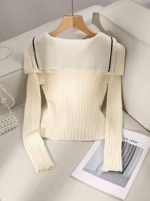 GlowEve 海军领杏色针织开衫，女款，秋冬 - 杏色 - 查看 2