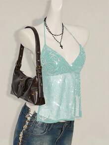 SHEIN ICON Women's Y2K Sexy Sequin Mesh Backless Halter Crop Top Light Blue Sequined Tank Top - Blue - View 3