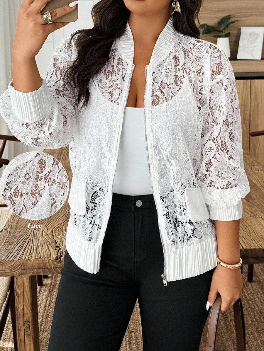 EMERY ROSE Áo khoác dài tay thanh lịch ren khóa kéo cỡ lớn - trắng - Xem 1