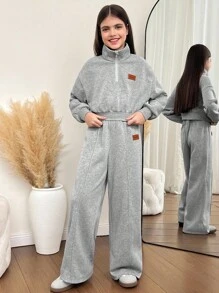 SHEIN Tween Girl Loose Casual Minimalist Comfortable Cropped Sweatshirt And Pants Set Fall Winter