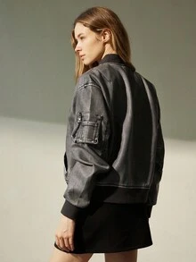 Aveloria Modichic New Women's Fashion PU Leather Bomber Jacket, Pocket Design, Classic Zipper, High-End Casual Cool Versatile Jacket For Ladies Fall Winter Cloth For Women