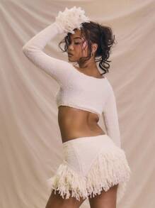 MUSERA Asymmetrical Shoulder Long Sleeve Knitted Long Sleeve Cuff Fray Detail Cropped Top Only Summer Vacation Cute Elegant Beachwear Ibiza Boho Bohemian Cowgirl Festival Concert Western Soft Serve Tops Holiday Fall Country Night Out Nashville Club Autumn Winter Fall Winter Chic Spring Sweater Valentines Day Bridal Bachelorette Hen Do Wedding - Cream - View 3