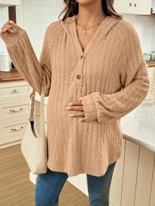 SHEIN 休闲居家聚会孕妇纯色插肩长袖抓绒卫衣冬季服装长袖外出上衣时尚棕色上衣 - 卡其色 - 查看 7