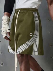 NEON BLANC Shorts de punto con cinta bordada con letras, moda callejera para hombres - Verde militar - Ver 5