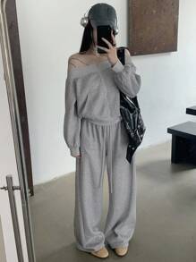 DAZY 女士露肩长袖运动衫和宽松休闲裤两件套，韩版，春秋 - 灰色 - 查看 3