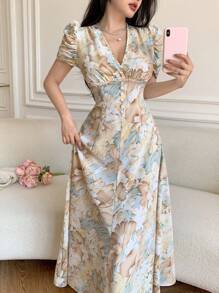 Modelyn 女士十字领、珍珠纽扣装饰和泡泡袖修身连衣裙 - 彩色 - 查看 4
