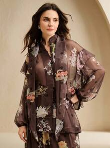Anewsta Women's Floral Print Mesh Drop Shoulder Ruffle Trim Loose Fashion Blouse - Brown - View 3