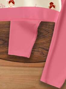 SHEIN 可爱卡通舞女蝴蝶结印花女婴休闲针织柔软厚圆领长袖运动衫和紧身裤套装 - 彩色 - 查看 6