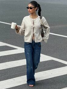 Muchica 女装秋季新款纯色打结长袖开衫，通勤极简主义办公室装，复古简约，女式前系带腰带纯色针织毛衣开衫，可内搭T恤，长袖上衣，适合日常出街穿着 - 杏色 - 查看 5