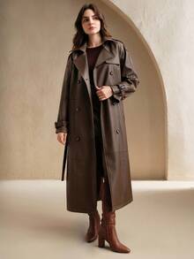 Anewsta Women's Solid Color Long Sleeve Lapel NeckFashion Loose Elegant PU Leather Long Windbreaker Jacket, Autumn - Brown - View 4